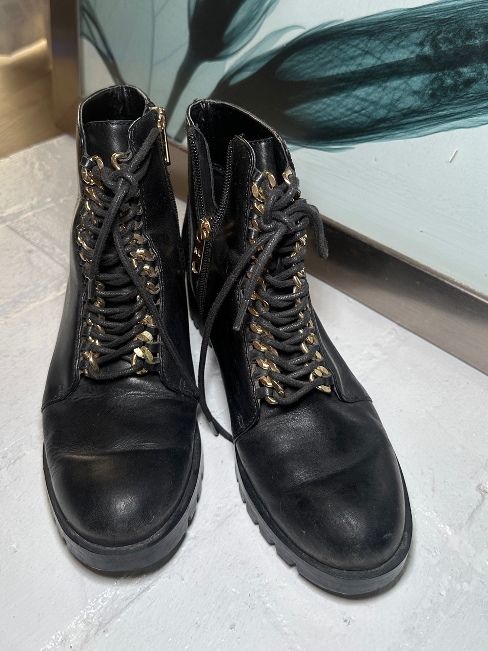 Karl Lagerfeld Black Leather Boot with Gold KL Zipper Pull